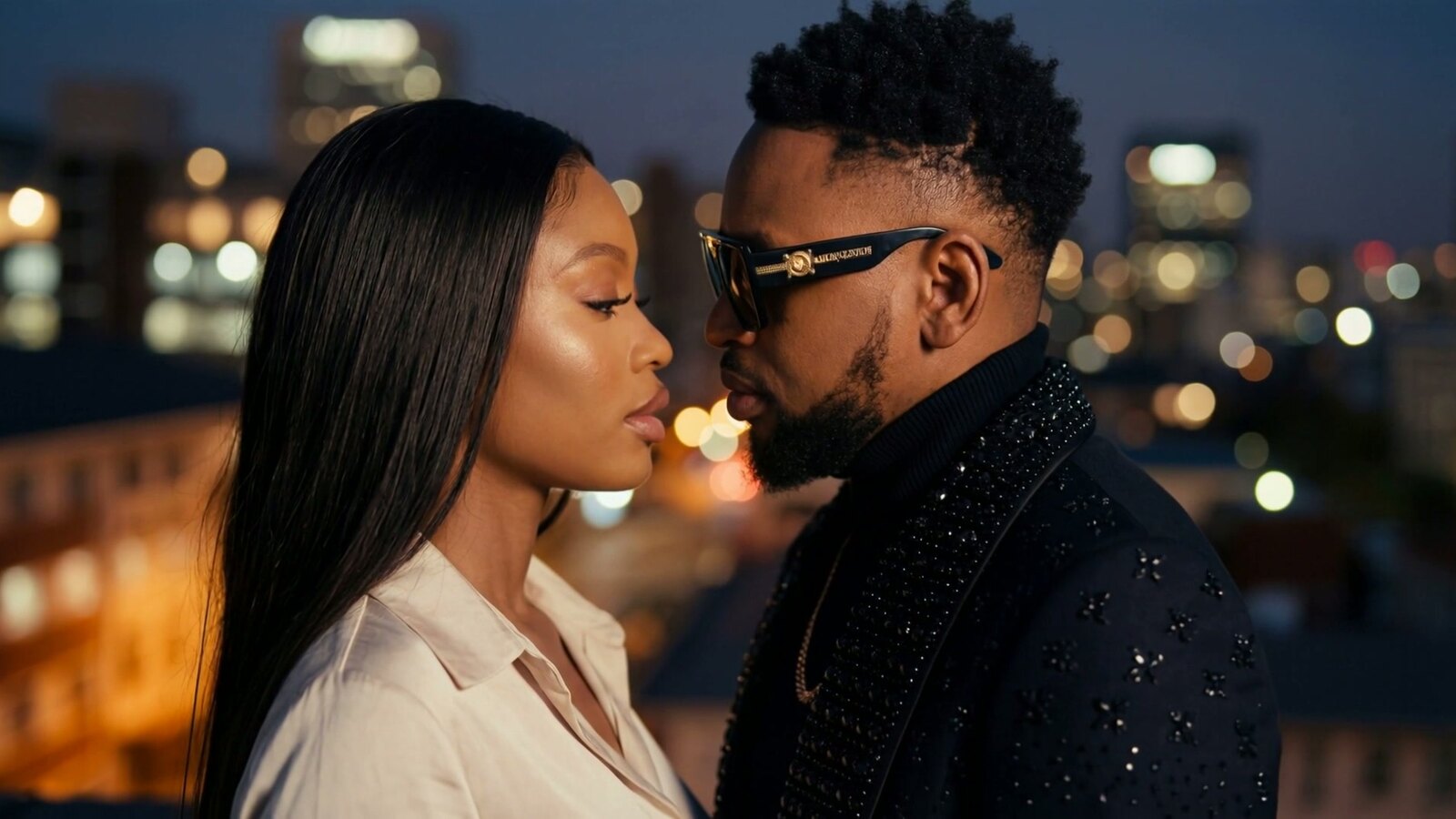 Stylish couple on a rooftop at dusk with city lights behind them