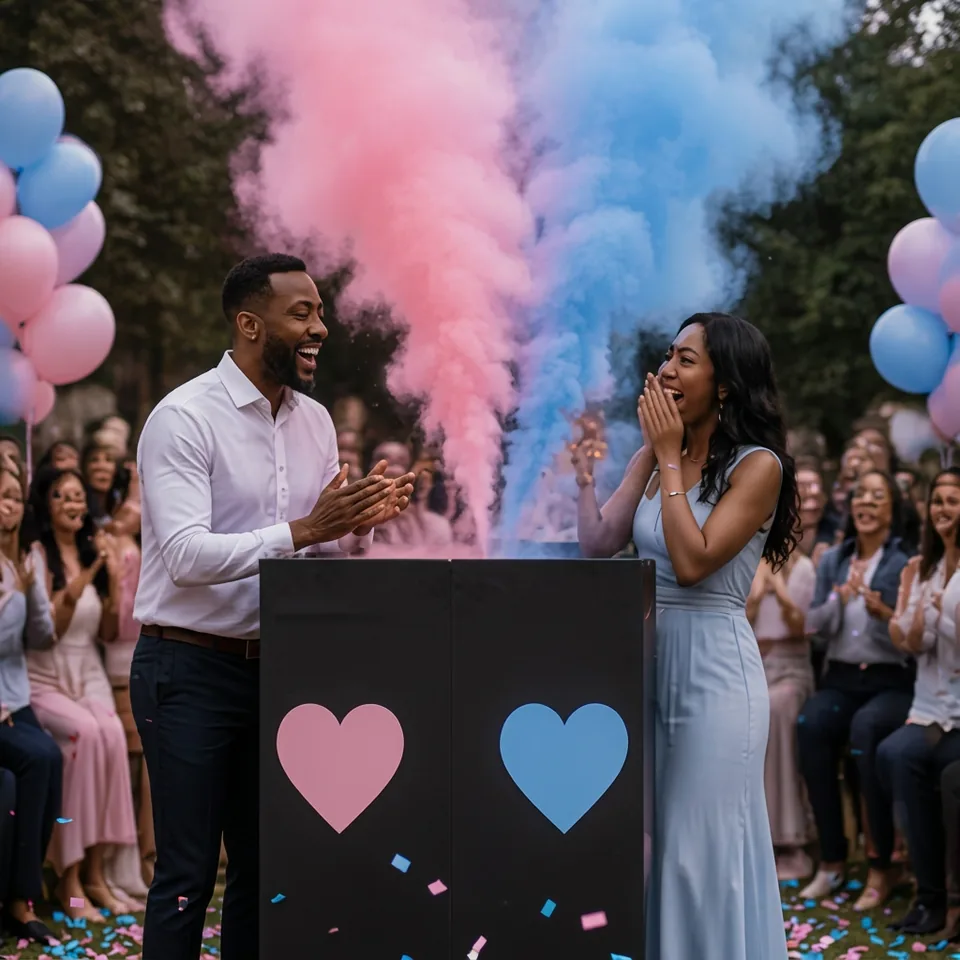 Joyful gender reveal with pink and blue decor