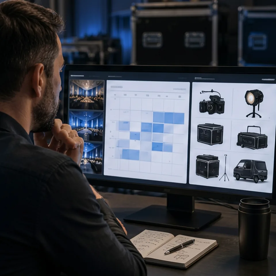 Production manager reviewing crew and equipment availability